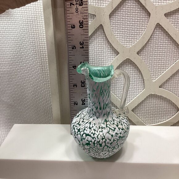 Art Pilgrim Glass Vase & Mini Pitcher Pair Green White Speckled Clear Handle - Picture 9 of 10